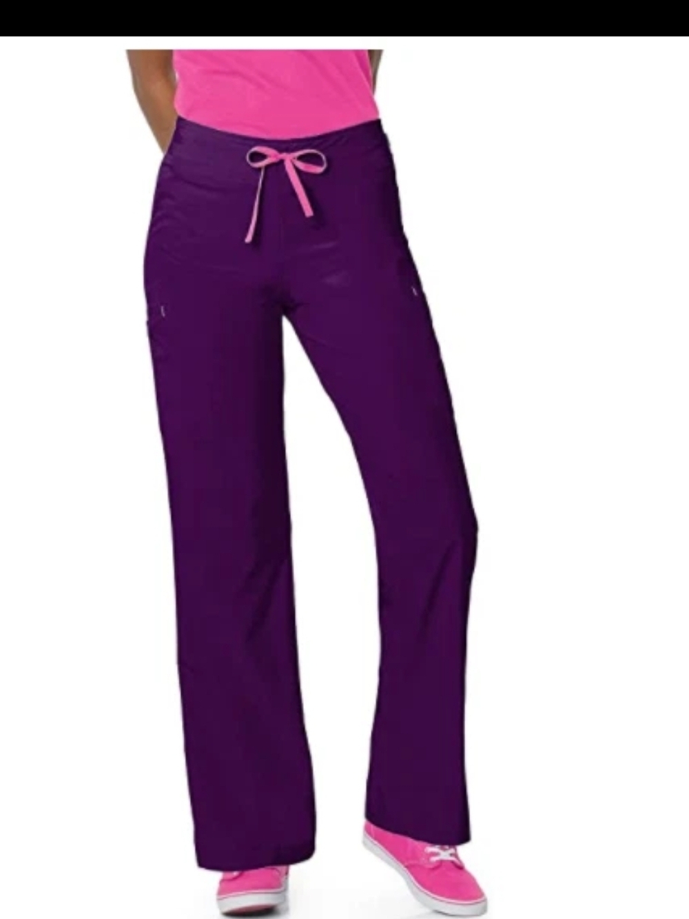 Smitten Purple Boot Cut Scrub Pants with Pink Drawstring - Picture 3 of 4